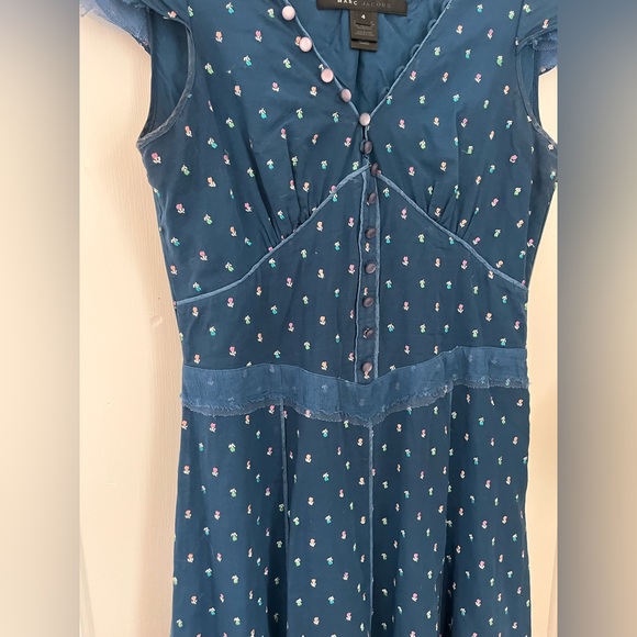 Marc Jacobs 100% Silk Blue Floral Mini Dress Sheer Trim Button Detail Size 4 - Picture 12 of 12